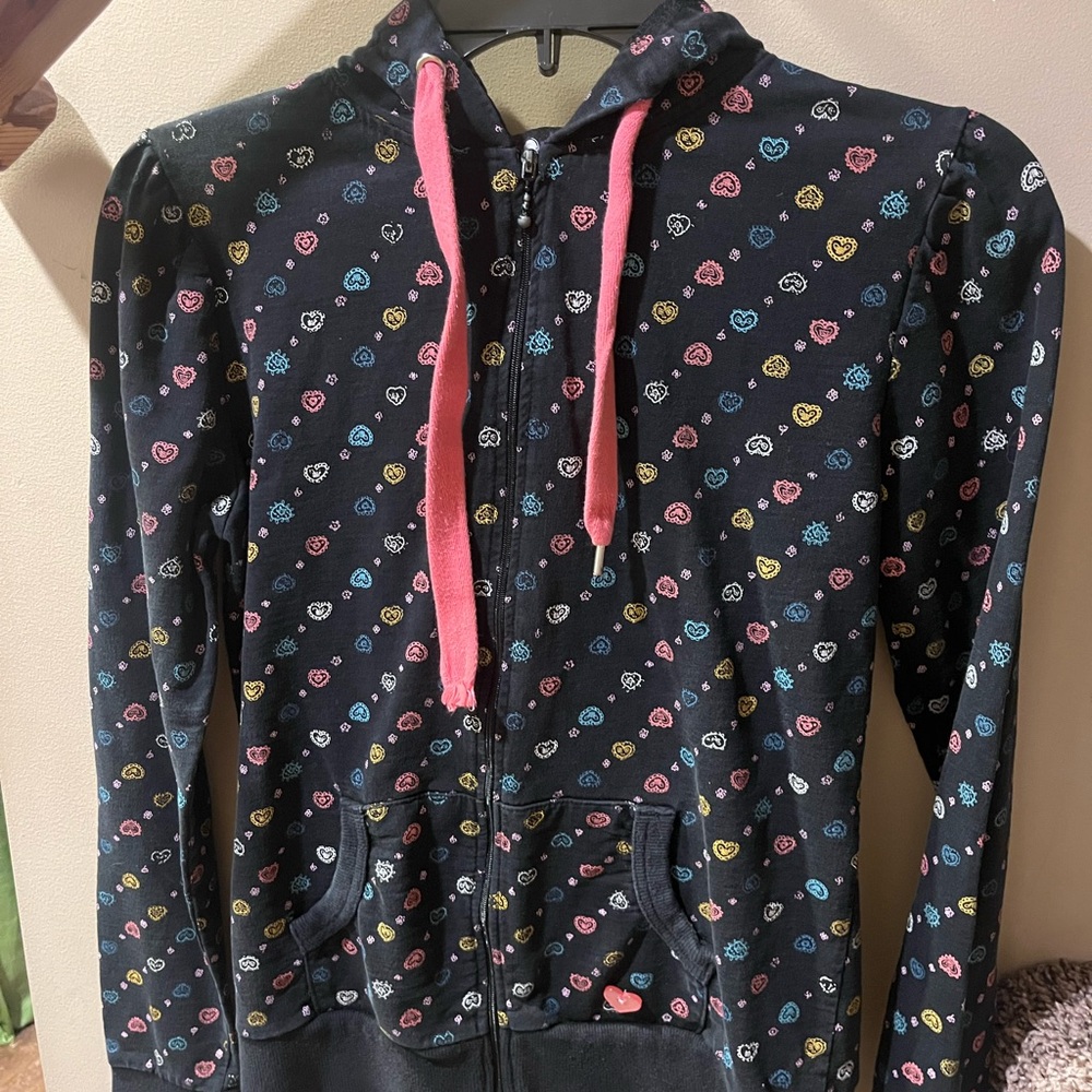 Morbid Threads Black Hoodie with Colorful Heart Pattern